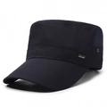 Men's navy blue flat top cadet cap with breathable mesh and metal fashion label - Adjustable / Navy Blue