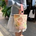 Beige canvas bucket bag with cute cartoon prints and pink wide fabric handles - Q Version Lolita