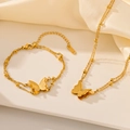 Double-layered gold stainless steel butterfly necklace and bracelet set with small beads - Gold Butterfly Set (I202-N307)