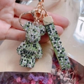 Sparkly green and black rhinestone teddy bear keychain with matching camo pattern strap - Military Green Mix