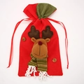 Christmas reindeer gift bag with drawstring made of red linen and green top trim - Elk