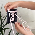 Balletcore black PU leather wallet featuring pink lace-up ribbon and pearl strap - Black Balletcore Wallet + Pink Ribbon + Pink Pearl Chain