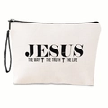 Bolsa de lona crema con estampado JESUS negro y correa para cosméticos de viaje - Texto Religioso (JESUS) / Con Correa
