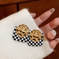 Vintage style square checkerboard earrings with gold hammered metal and pearl details - 31# Silver Needle - Black and White Grid