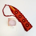 Handmade crochet sunflower headband with orange yellow floral knit and red tie strings - Red Small Flower