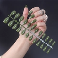 Glossy dark olive green stiletto press-on nails set with shiny UV finish displayed on hand - Deep Olive Green (JJL-15)