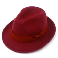 Detailed view of deep red wool felt fedora hat with matching ribbon bow accent - Burgundy