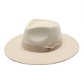 Elegant beige wide brim wool fedora hat with matching ribbon bow for autumn and winter - M (56-58cm) / Beige
