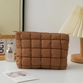 Caramel brown quilted puffy clutch bag with elegant golden zipper and nylon texture - Dark Brown