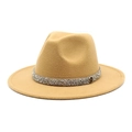 Detail of camel wool fedora hat featuring a sparkling rhinestone band and a metal M buckle - M (56-58cm) / Camel