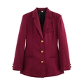 Detail of burgundy long sleeve blazer showing golden embossed buttons and lapel - S / Red