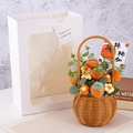 Handmade crochet orange persimmon flower bouquet in a woven basket with a gift bag - Persimmon / Single Bouquet