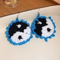 Handmade crochet earrings featuring a blue wavy border and black-white Tai Chi yin yang symbol - Black White Tai Chi Yin Yang Blue Lace Drop Earrings (60#)