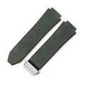 Green leather and black rubber hybrid watch strap set with silver folding buckle - [Convex x Wide Mouth] 19x26mm / Suede Army Green - Silver Buckle - Z2