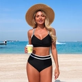 Two-piece black bikini with white contrast trim featuring V-neck top and high waist bottom - S / Black