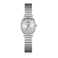 Fashionable women's quartz watch with oval silver case and elastic metal band - Silver