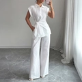 Elegant white sleeveless shirt and wide-leg pants two-piece set with waist knot - S / Off White