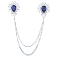 Silver vintage collar chain brooch with teardrop blue gems and double layer tassels - Silver Base Navy Blue Rhinestone