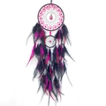Handmade dreamcatcher with pink mesh and black feathers hanging on a white background - Rose Red