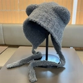 Thick dark grey plush bear ear beanie for women with long earflaps and soft fleece texture - Lace-up Swallowtail Bear-Grey