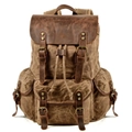 Retro khaki wax canvas backpack with dark brown leather flap and bronze buckles - Khaki
