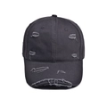 Detailed close-up of charcoal gray distressed baseball cap with vintage frayed holes - Adjustable: 56-60cm / Gray