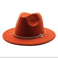 Detail of rust red fedora hat with flat wide brim and decorative gold metal chain - M (56-58cm) / Caramel color