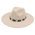 Beige wide brim wool fedora hat with brown leather band and silver metal disc accents - Beige