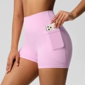 Détail d'un short de yoga rose taille haute avec poche latérale pour smartphone - S / Bottoms / Rose Sakura