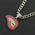 Close-up of hip hop pendant featuring red lips and silver crystals on a Cuban link chain - Silver (Red Lips)-50cm Cuban Chain