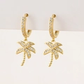 Close-up of gold palm tree earrings with micro-set white cubic zirconia stones - M-Palm Tree