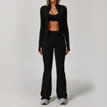 Set yoga nero 3 pezzi con giacca a zip, reggiseno sportivo e pantaloni a zampa - Taglia S / Top E Pantaloni / Set da 3 pezzi (con pantaloni a campana) / Nero premium