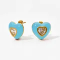 Boucles d'oreilles cœur en émail bleu clair avec bord doré et zircon en cœur - Bleu (KDE1914)