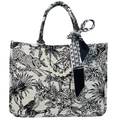 Black and white tiger embroidery tote bag with pearl handle and silk ribbon decoration - With Pearl Chain and Satin Scarf / Black and White Print
