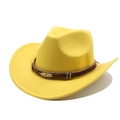 Detail of yellow felt cowboy hat with braided brown band and golden feather ornament - M (56-58cm) / Yellow