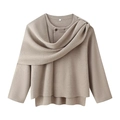 Detail of oatmeal knit sweater featuring a unique scarf-style collar and button accent - S / Apricot