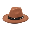 Close-up of caramel wool fedora hat featuring black ribbon with pearls and gold studs - M(56-58cm) / Khaki