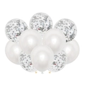 Detail of 12-inch white latex and clear silver confetti balloons for wedding party decor - White Pearl Sequin Style