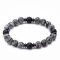 Close-up of 8mm grey marble beads and black lava stones with silver metal spacers - Map Stone and Frosted Stone
