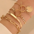Chic 4-piece gold chain bracelet set with coin pendant and flat herringbone layers - Gold Coin Herringbone Chain 4-Piece Set (0046)