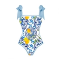 Costume intero da donna con stampa di limoni mediterranei e spalline blu annodate - S / Costume da bagno intero