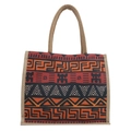 Ethnic style jute tote bag with orange geometric tribal patterns and rope handles - Style 6