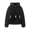 Women's black hooded puffer jacket with waist belt and slim fit design for winter - XS / Black