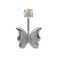 Silver belly button ring with butterfly pendant and purple glitter butterfly wings - Purple Glitter Butterfly