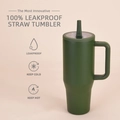 Leakproof 40oz insulated stainless steel tumbler in green with handle and straw - 40oz / Olive Green