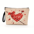 Canvas make-uptas met hartprint, rode strik en de tekst Love op witte achtergrond - Patroon 3 (Lintstrik Gestippeld Hart met Love)
