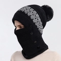 Cagoule tricotée noire pour femme avec pompon doux et boutons décoratifs pour l'hiver - Noir