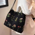 Klassische schwarze Canvas-Einkaufstasche mit Blumenstickerei für den Alltag - Schwarz