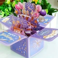 3D purple birthday pop-up card box with golden glitter and tiered cake papercraft - Purple Gold Foil