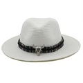 Detail of white straw fedora with ethnic band and vintage metal bull head ornament - M(56-58cm) / Pure White